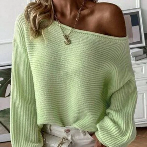 Mint Green Casual Women's Solid Drop Shoulder Asymmetrical Neck Sweater - Picture 4 of 7